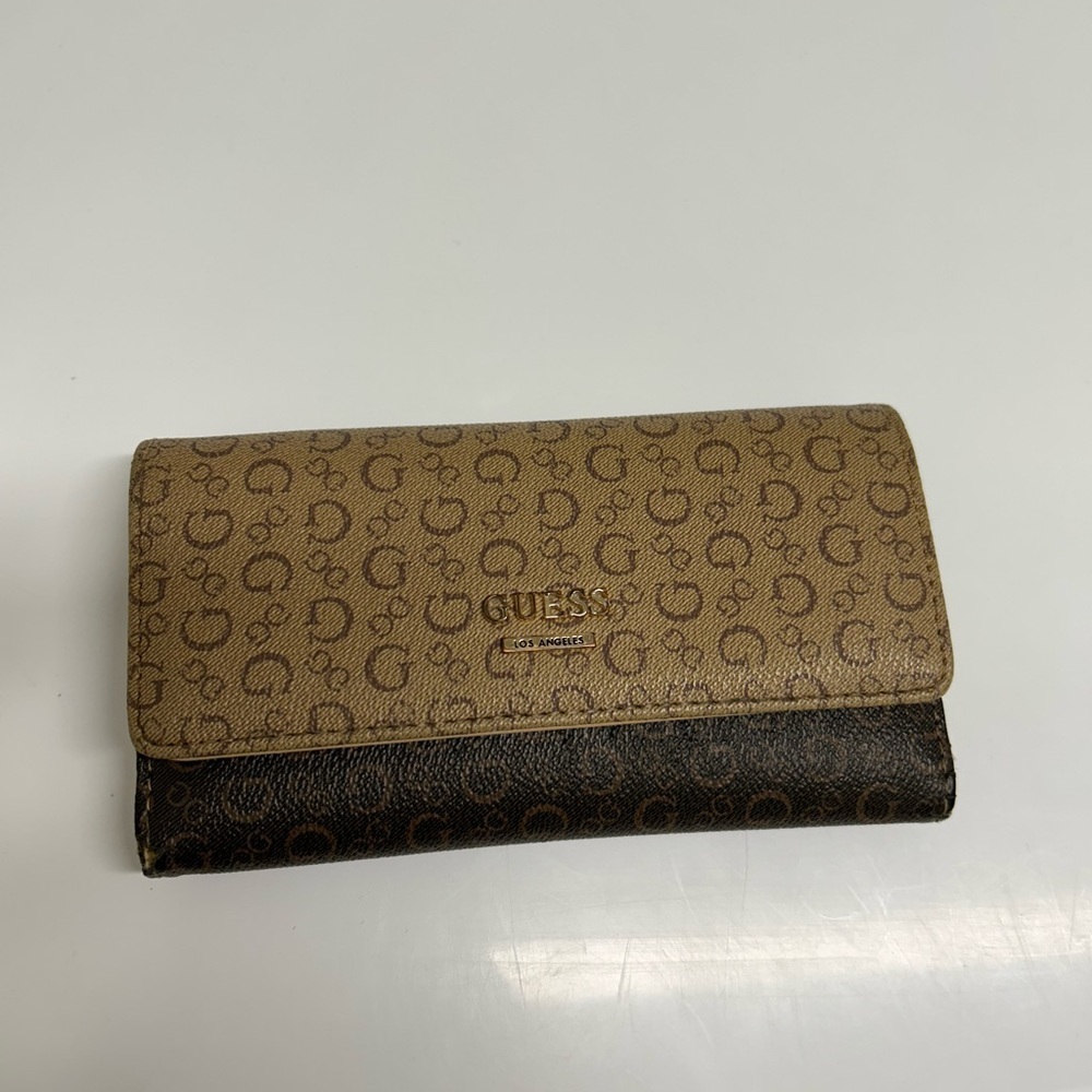 Guess Logo Patterned Tan and Brown Wallet